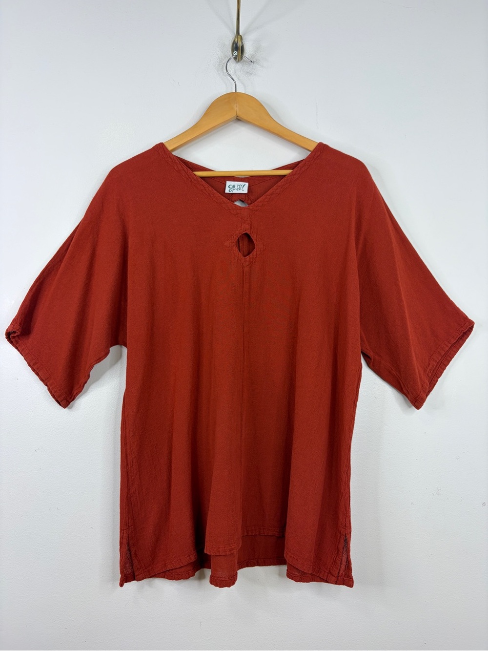 Oh My Gauze Top Womens 2 Large XL Burnt Orange Cotton Half Sleeve Keyhole Shirt